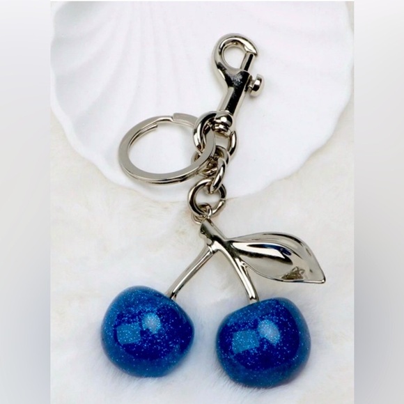 🍒 BLUE Cherry Keychain 🍒, Fashionably Delicious Summer Fruit Pendant Keyring - Picture 1 of 6
